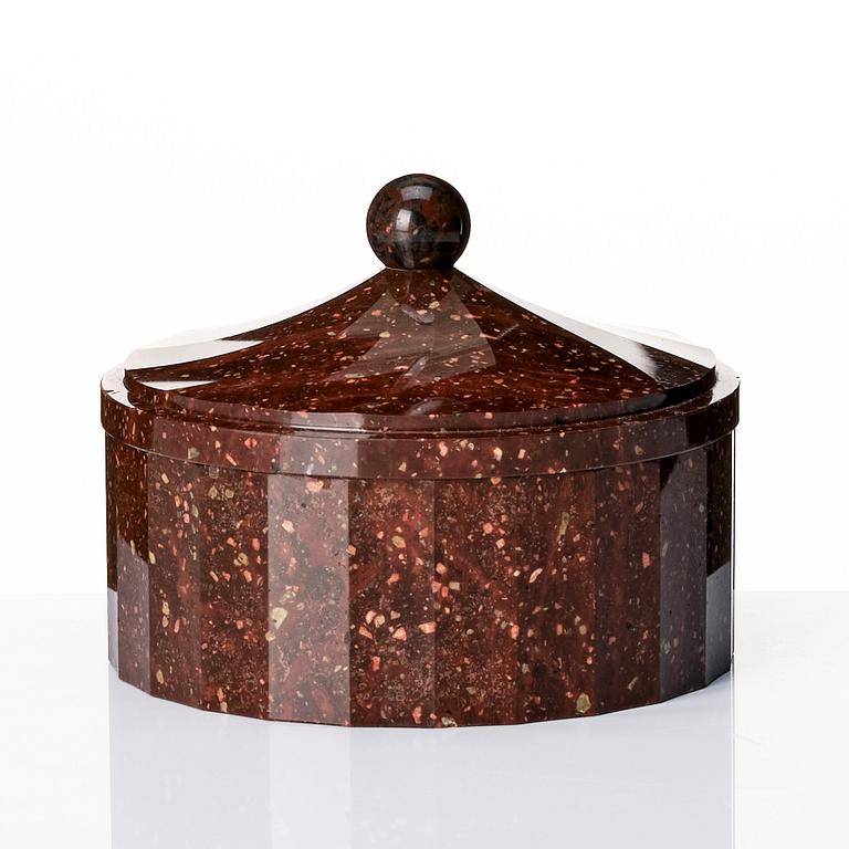 A Swedish Empire porphyry butter box with cover, 19th century.