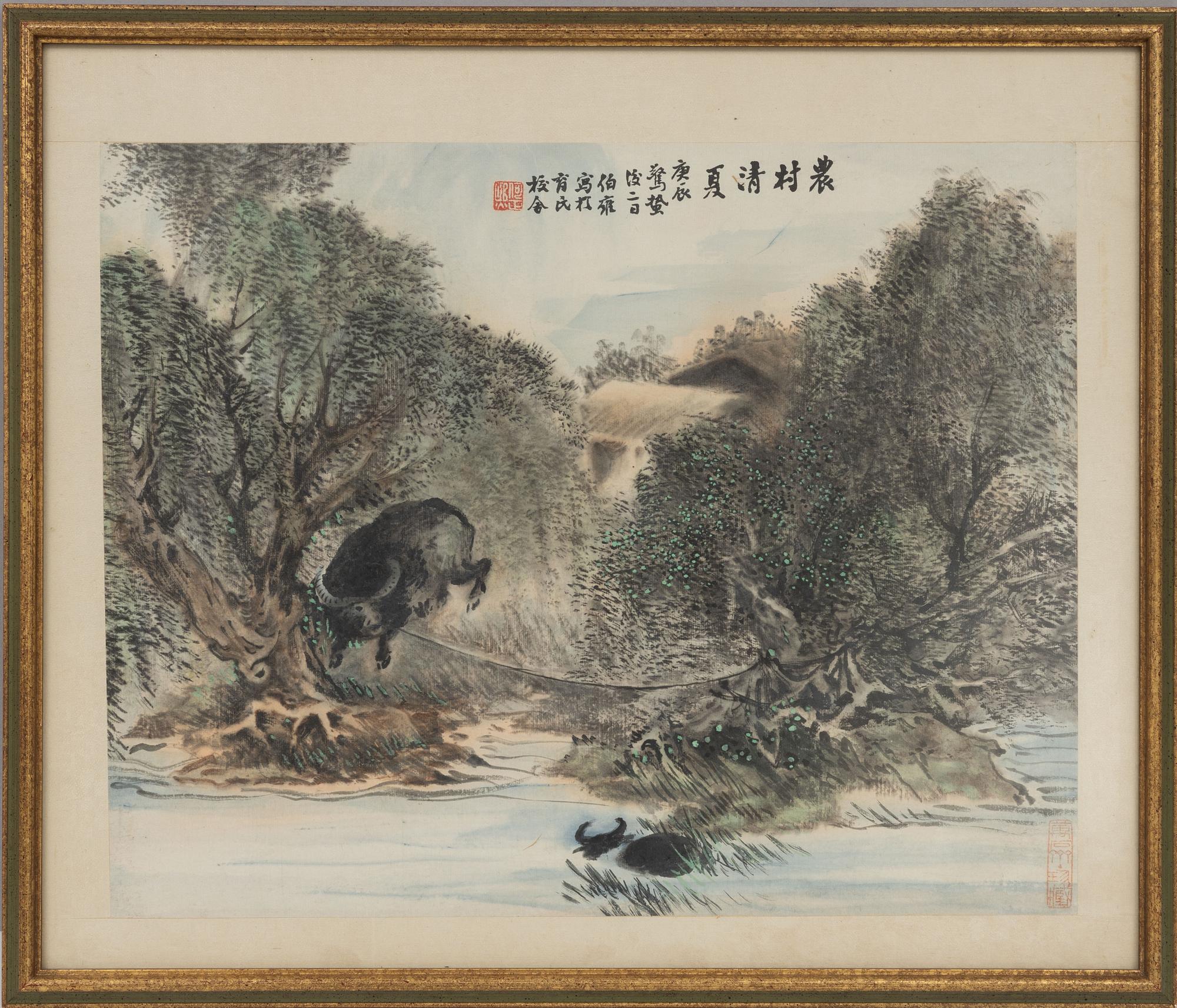 He Zhengxi (1873-1944), "Landskap med vattenbufflar" och "Landskap med trana och lärd man".
