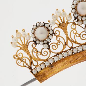 A natural fresh water pearl and natural pearl tiara by Carl Gustaf Florell, Stockholm, 1820.