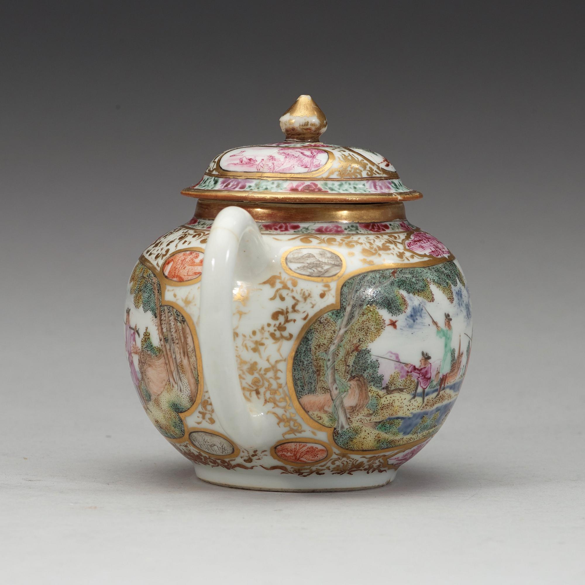 A famille rose 'European Subect' tea pot with cover, Qing dynasty, Qianlong (1736-95).