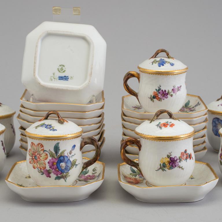 A set of 18 Royal Copenhagen Saxon Flower 1542 Custard Cups with Lids and Saucers.