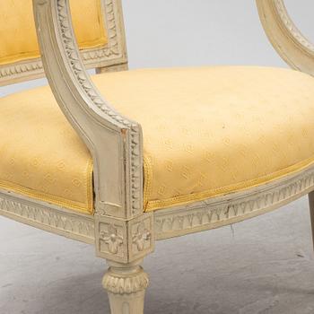 A matched pair of Gustavian armchairs, one signed by Johan Lindgren Stockholm.