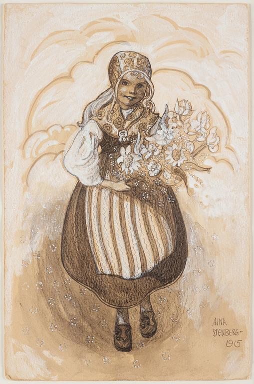 Aina Stenberg-Masolle, Girl in folk costume carrying flowers.