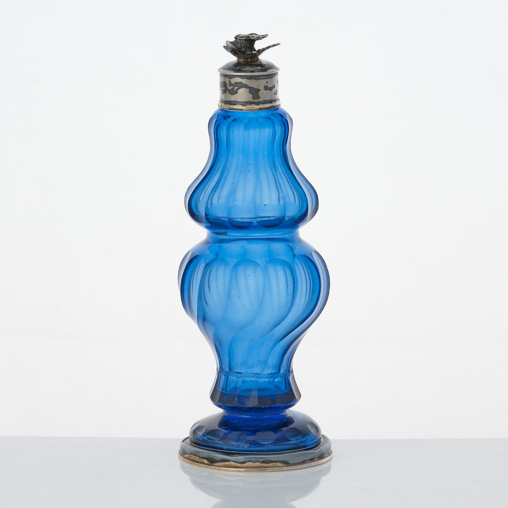 A Swedish Rococo blue glass and silver bottle, marked Lorenz Vick (Ulricehamn 1766-1808).