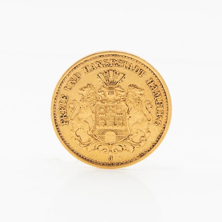 Gold coin 5 marks 1877 German Empire (Hamburg).