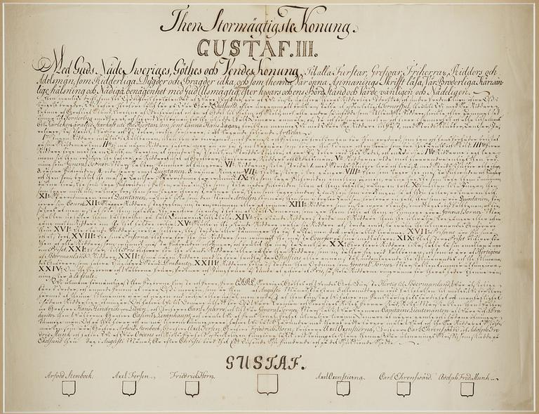 Gustav III.  Handskrivet utmaningsbrev till riddarspelet på Ekolsund 1776.