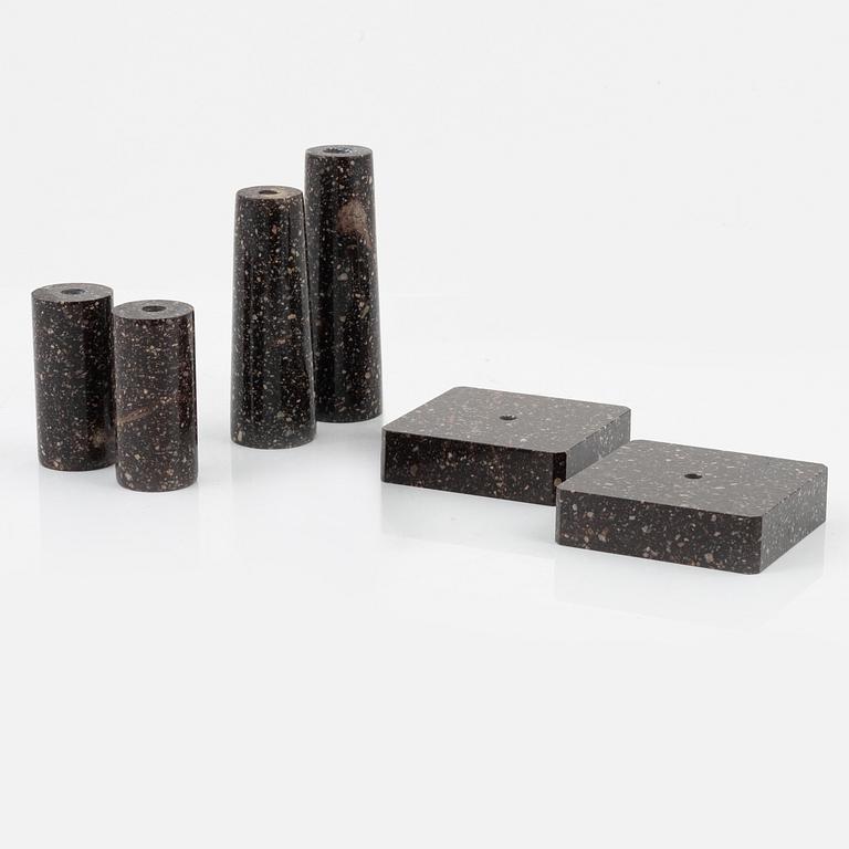 Six parts of porphyr to make candlesticks, 20th Century.