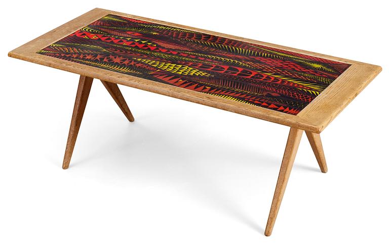 A Stig Lindberg enamel and oak sofa table, Gustavsberg and Nordiska Kompaniet 1956.