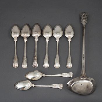 EIGHT SWEDISH SILVER SPOONS AND A SOUP LADEL, Möllenborg Stockholm and GAB, 19-20th century.