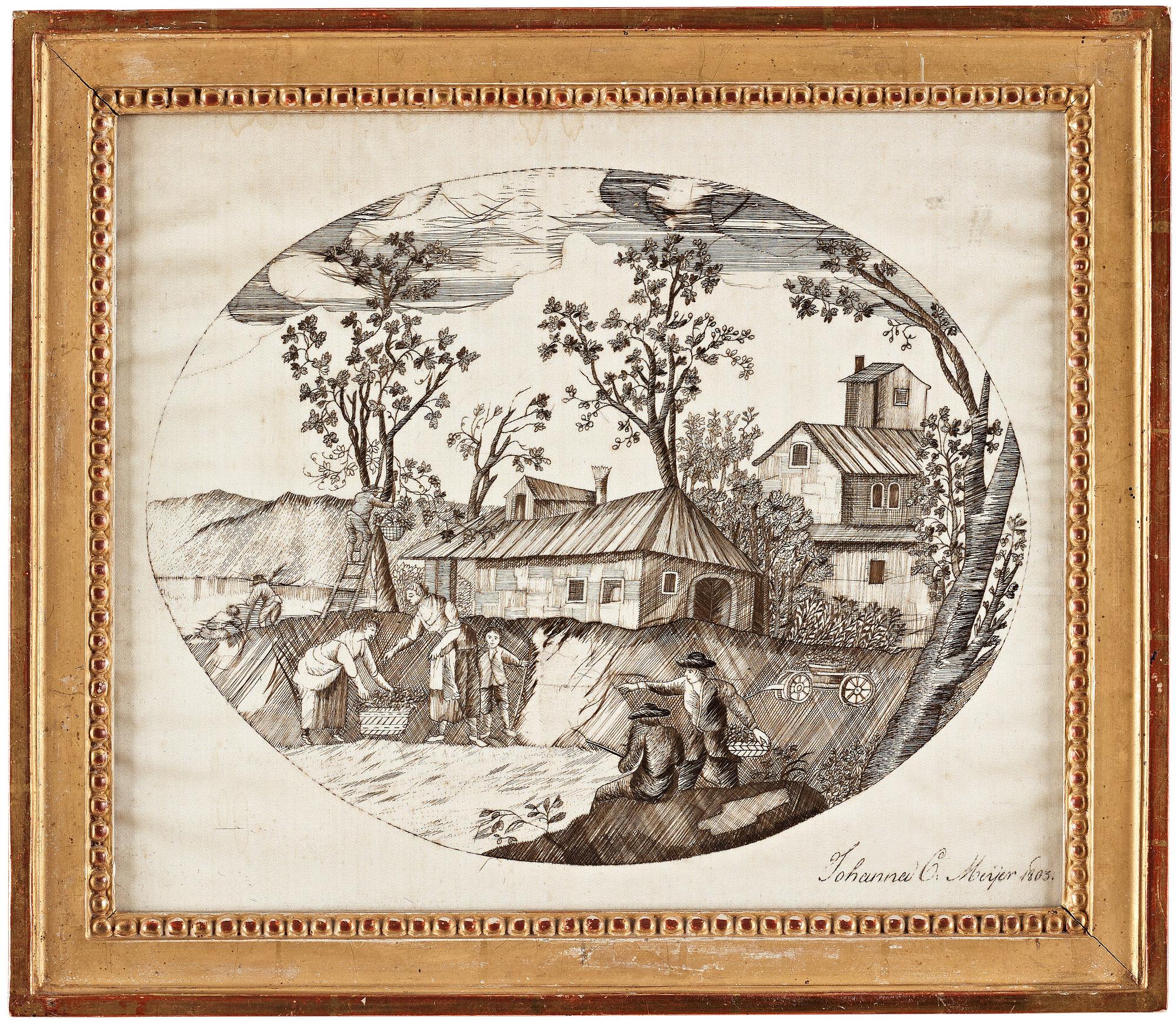 AN EMBROIDERY, ivory coloured silk, A Harvest scene, ca 28 x 33 cm, signed and dated Johanna C. Meijer 1803.