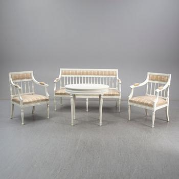 A pair of chairs, sofa and table, late gustavian style, 1900's.