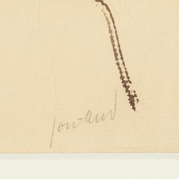 JOHN JON-AND, 2 works, ink and red crayon on paper, one signed, one signed with stamp.