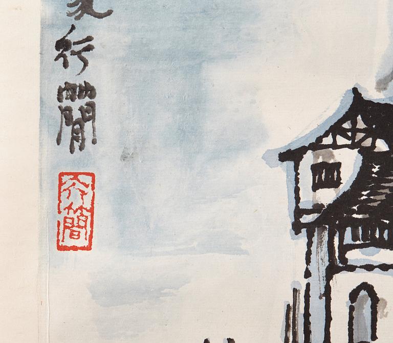 A painting by Li Xingjian (1937-), 'Chunyu mengmeng jiangcheng', signed och dated 1982.