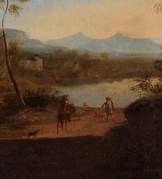 Landskap med figurstaffage och ryttare vid herrgård, ett par.