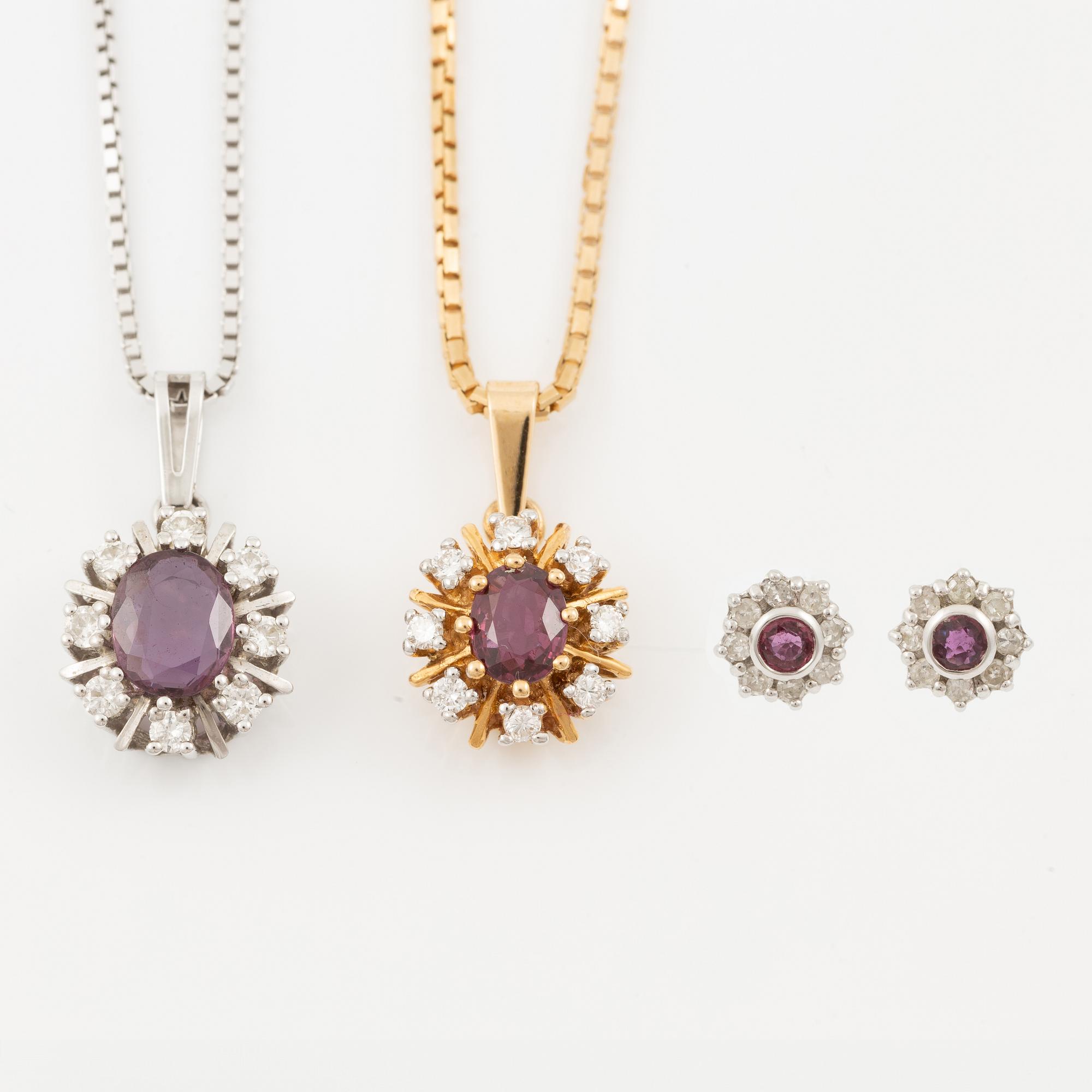 Pendant with gold chain, 
Pendant with white gold chain, 
Earrings a pair, rubies with brilliant-cut diamonds.