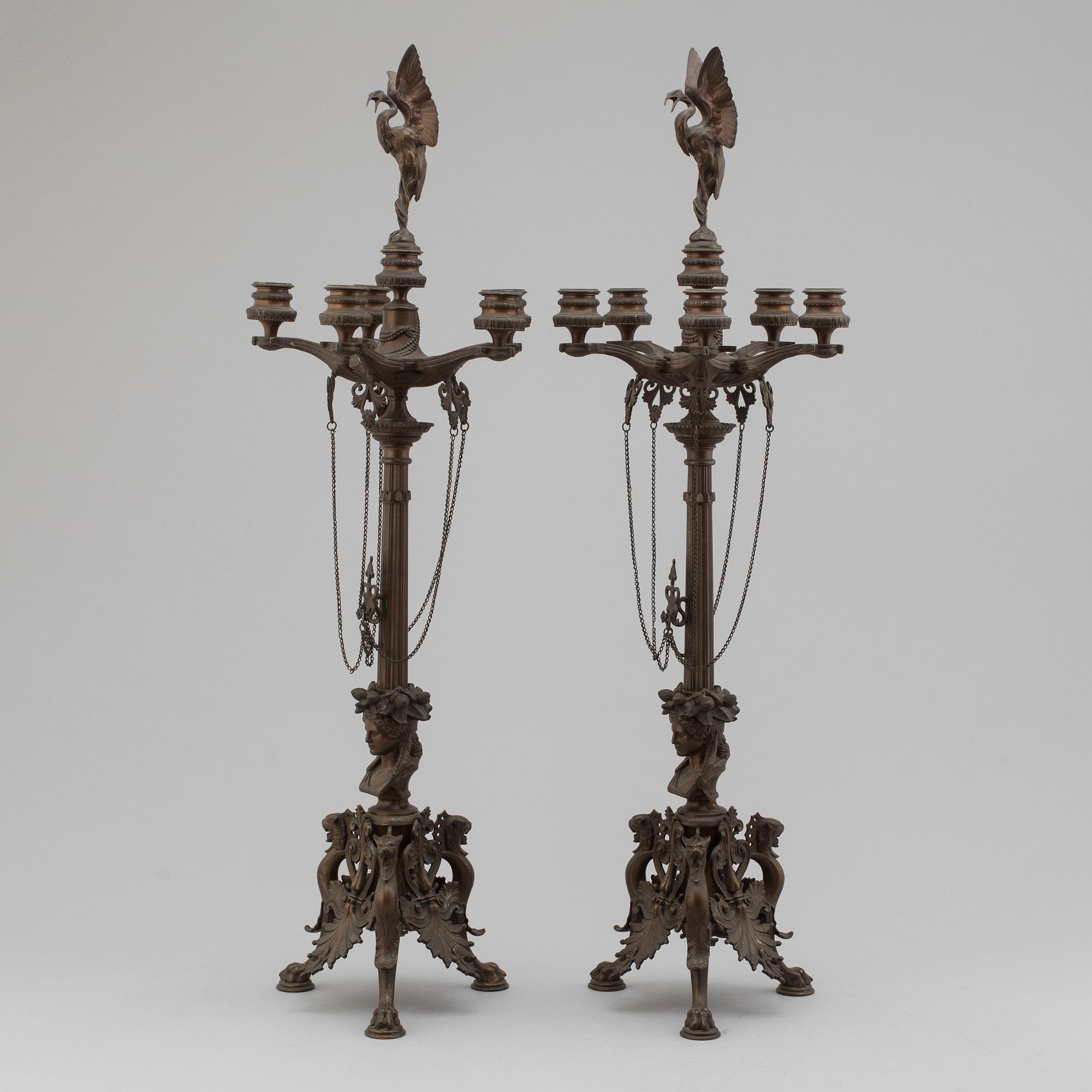 FERDINAND BARBEDIENNE, attributed to, a pair of 19th century bronze candelabra.