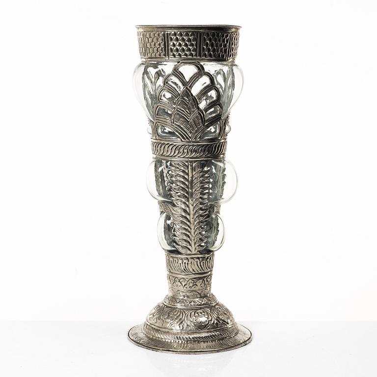 Vase, glass, and white metal, unmarked, 20th century.
