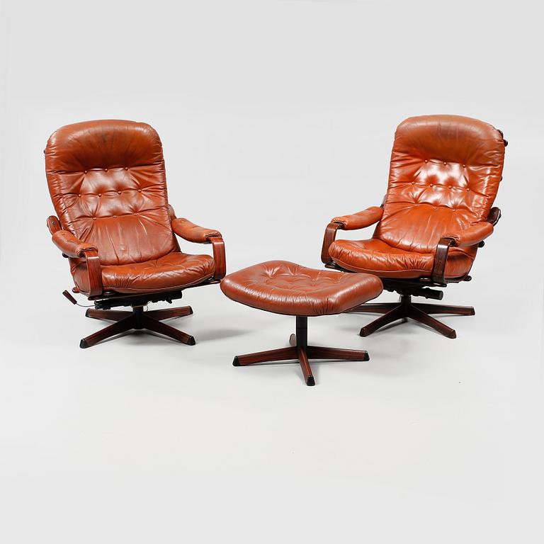 FÅTÖLJER, ett par, samt FOTPALL, "Gondol", G-Design för Göte-Möbler i Nässjö AB, Nässjö, 1970-tal.