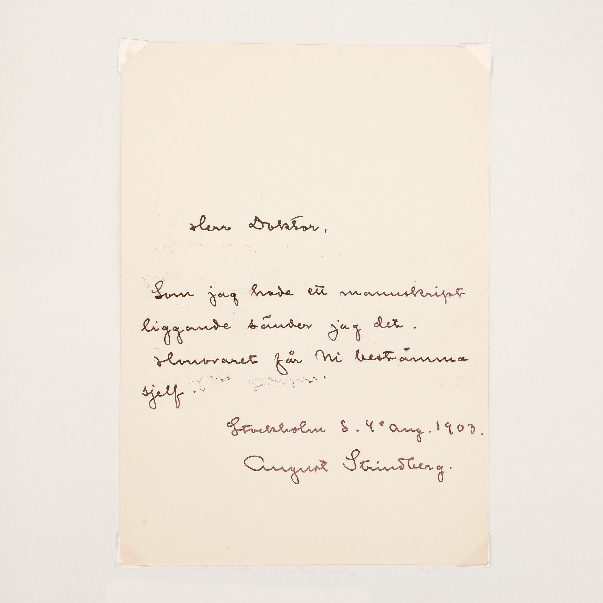 AUGUST STRINDBERG (1849-1912), egenhändigt brevkort med signatur, dat Stockholm 4 aug 1903.