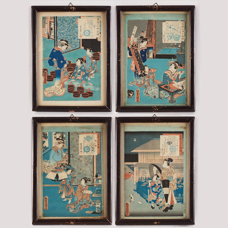 Utagawa Kunisada, four colour woodblock prints, Japan, c. 1850-60.