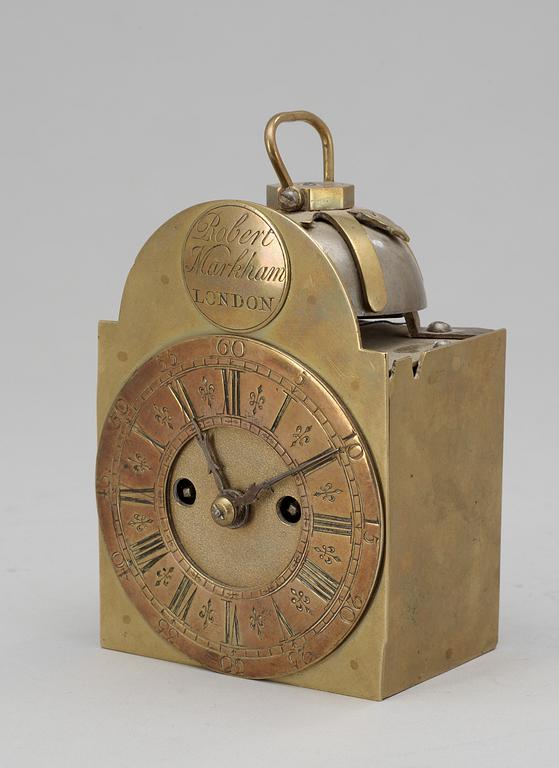 An English 18th century brass table clock by Robert Markham, London.