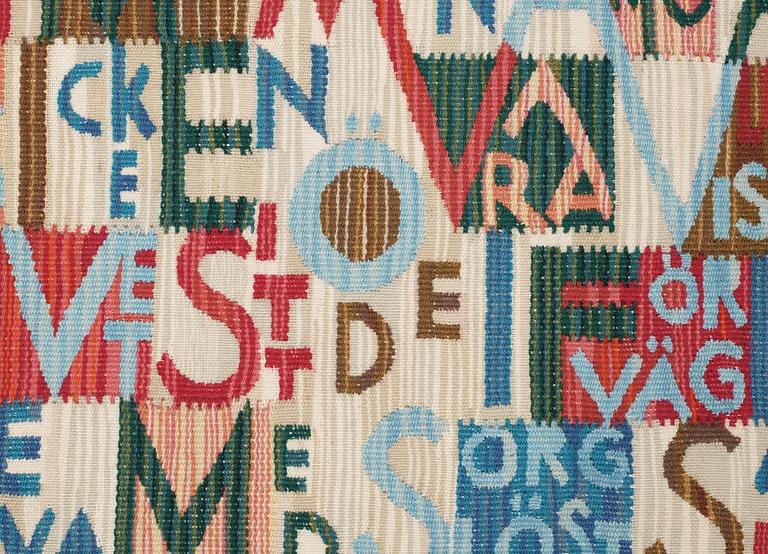 TEXTILE. "Bokstäverna". Tapestry variant (Gobelängvariant). 44 x 74 cm. Signed BS.