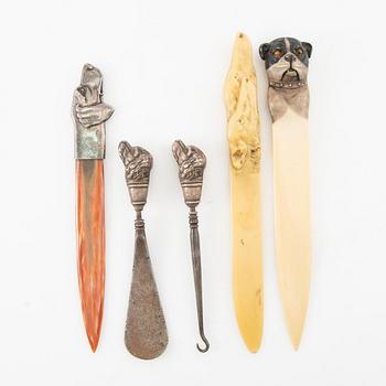 Boot hooks and shoehorns, as well as 3 letter openers, early 20th century.