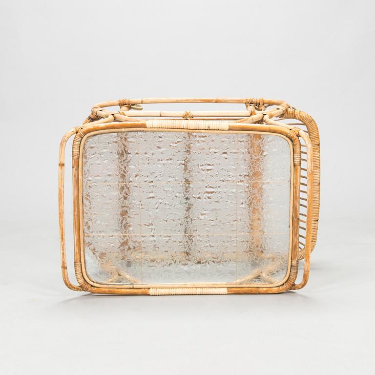 A mid 1900s bamboo and rattan serving trolley.
