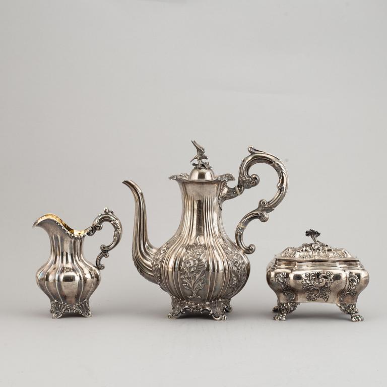 A Swedish matched three-piece coffe-set, mark of Mollenborg, Stockholm 1845 and 1852.