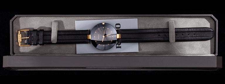 ARMBANDSUR, Rado, svart läderarmband, originaletui. Garantikort 1990.