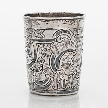An 18th-century Russian silver beaker, Moscow 1764. Unidentified master. Alderman Fedor Petrov.