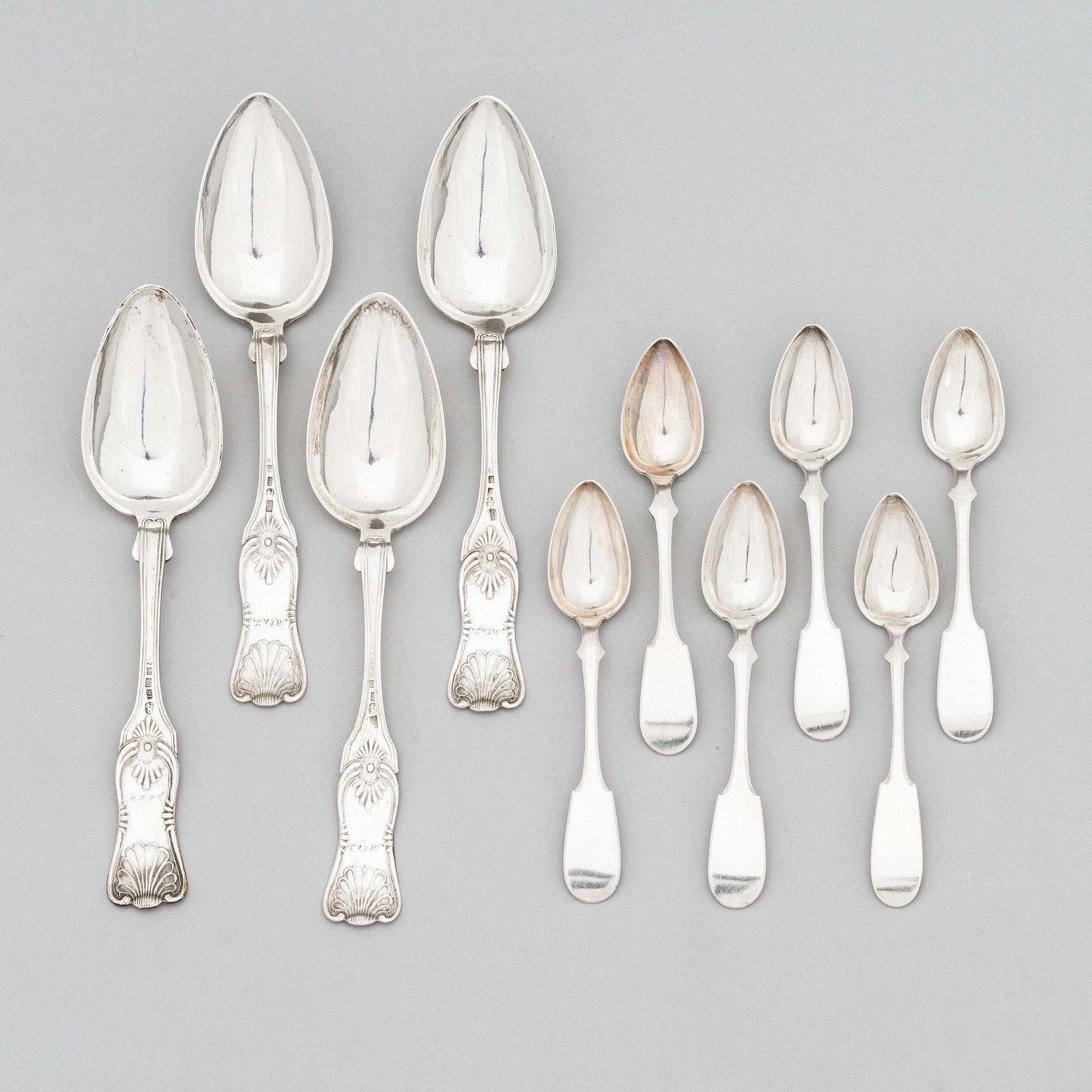 Finnish, 19th-century silver dinner and teaspoons, ten pieces, Jakobstad 1862 and Helsinki 1883.