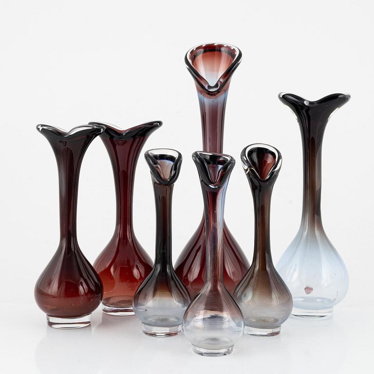 Nils Landberg, vases, 7 pieces, glass, "Tan-si", Orrefors, around the mid-20th century.