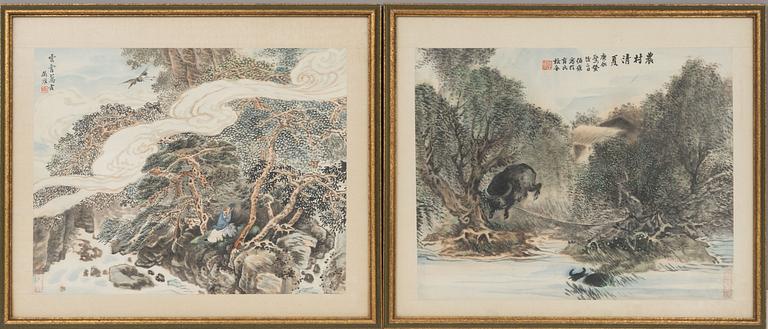 He Zhengxi (1873-1944), 'Landscape with Water Buffalos' and 'Landscape with Crane and Scholar'.