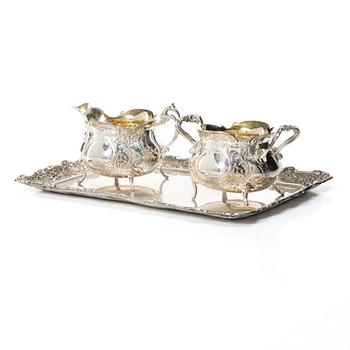 Tray, cream jug and sugar bowl, silver, GEWE, Malmö, 1959–68.