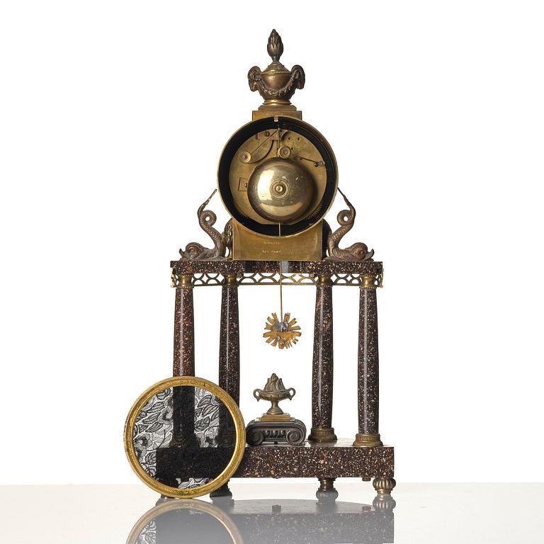A late Gustavian-style porphyry portico clock.