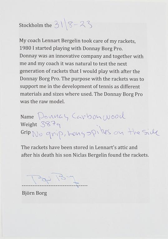 Tennis racket, Signed by Björn Borg. Donnay. Customized Carbonwood, 1982/1983.
