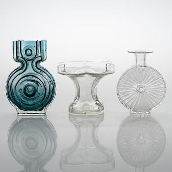 HELENA TYNELL, A glass bottle and two glass vases, Riihimäen Lasi 1960s-70s.