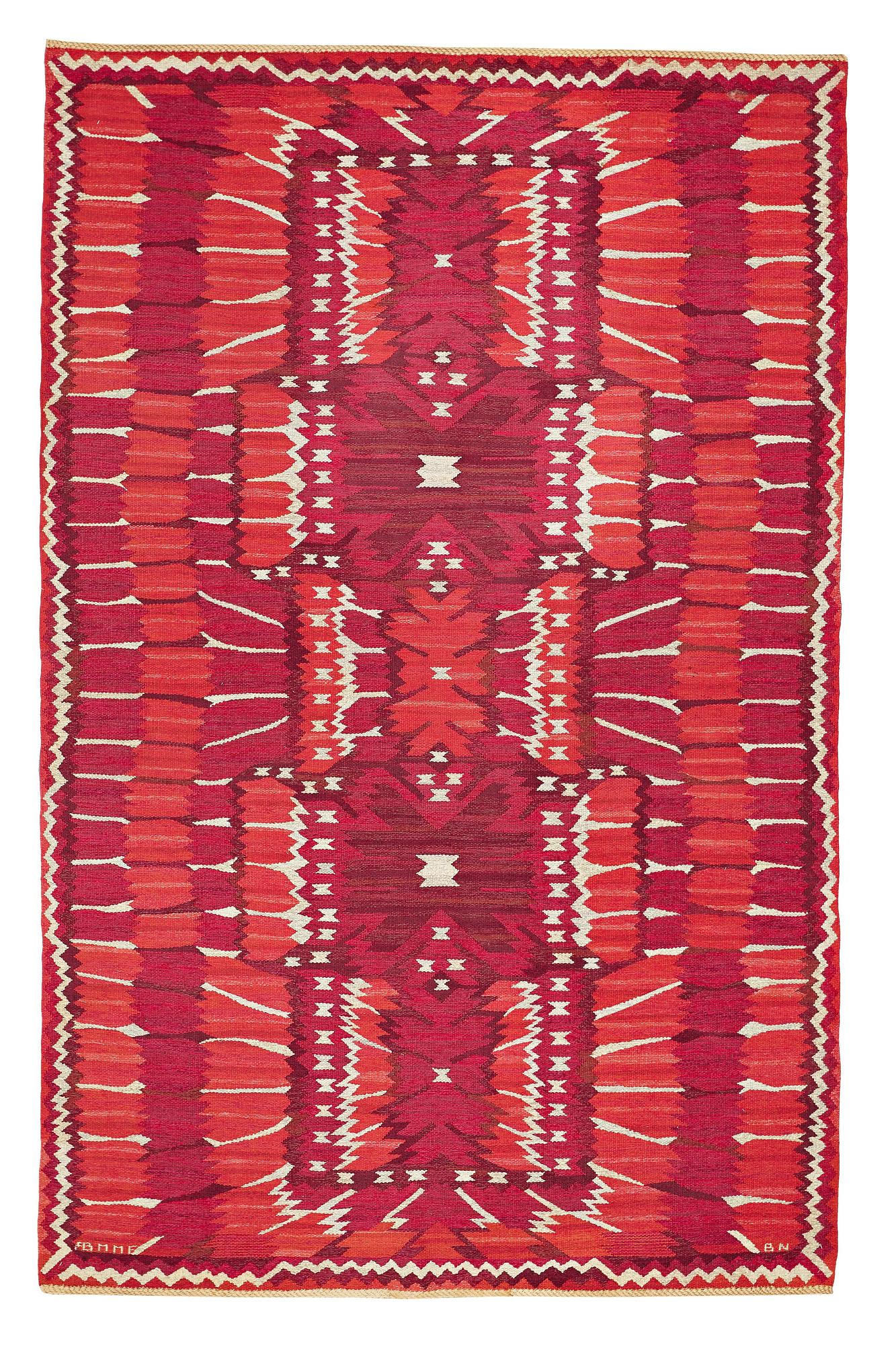 Barbro Nilsson, A CARPET, "Strålblomman, röd", flat weave, ca 313,5 x 200-202,5 cm, signed AB MMF BN.