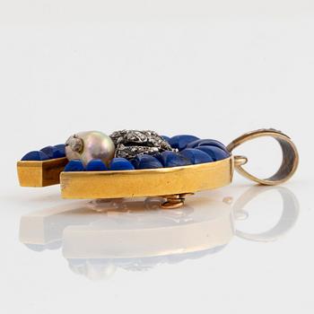 A pendant in 14K gold and silver with a pearl, set with lapis lazuli and rose-cut diamonds.