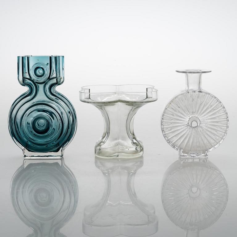 HELENA TYNELL, A glass bottle and two glass vases, Riihimäen Lasi 1960s-70s.
