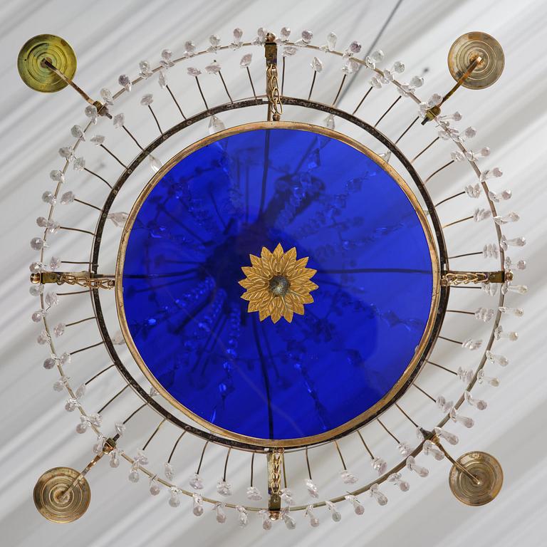 A late-Gustavian five-light gilt brass and cut glass chandelier, Stockholm, late 18th century.