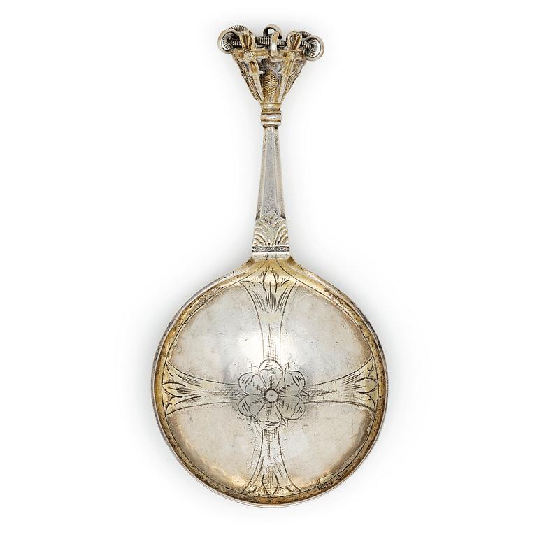 A Swedish 18th century parcel-gilt silver spoon, mark of Peter Björkman, Karlskrona 1746.