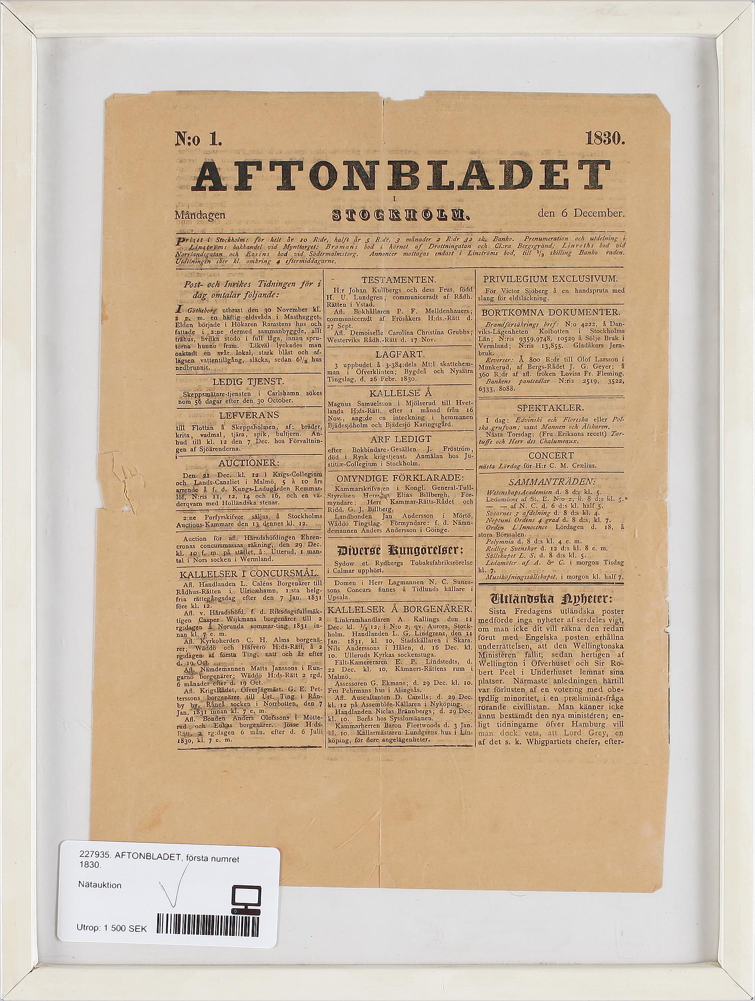 AFTONBLADET, första numret 1830.