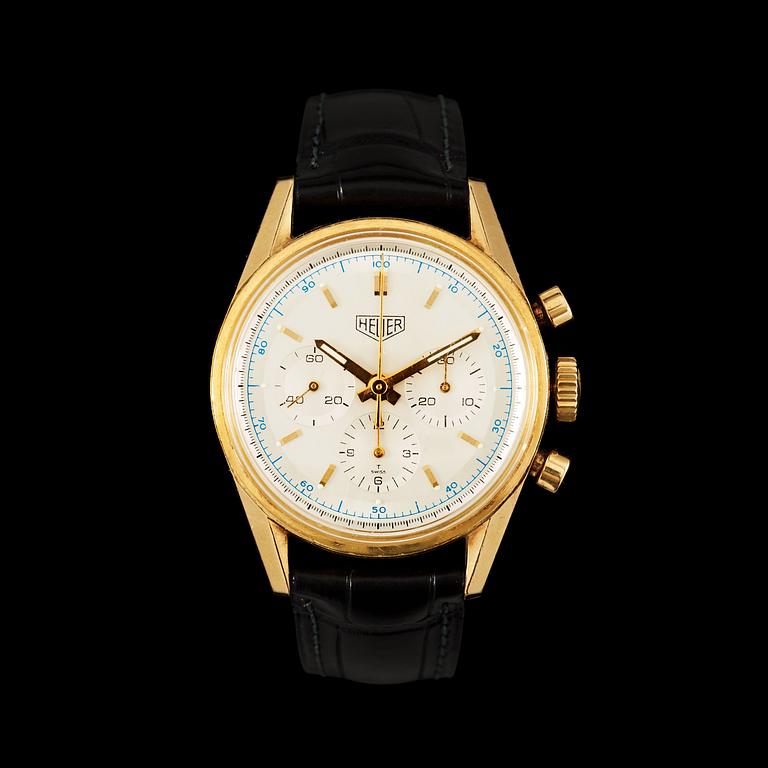 Heuer (TAG Heuer) - Carrera 1964. Automatic. Chronograph. Gold / leather strap. Cert and Box. 35mm.