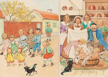 Elsa Beskow, Petter och Lotta badar barnen i en balja i köket.