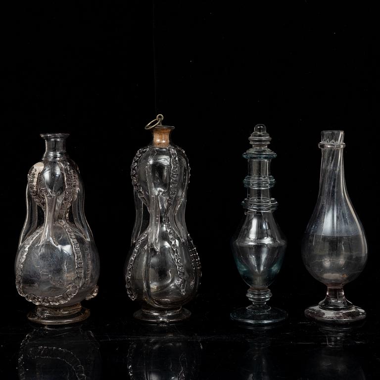 Two Swedish glass flasks and two vinegar bottles, 18th - early 19th century,.