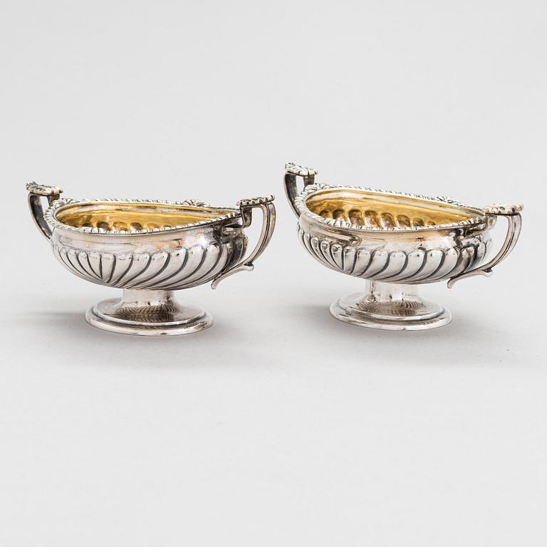 A pair of parcel-gilt silver salt cellars, maker's mark of John Friedrich Drevsen, Saint Petersburg, Russia 1829.