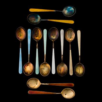 TWELVE ENAMEL MOCCA SPOONS, gilt silver, Tillander, Helsinki 1953.