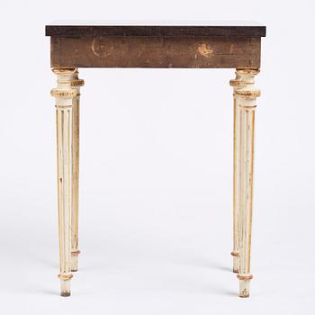 A late Gustavian console table in the manner of P Ljung, late 18th century. Stone top in porphyry.